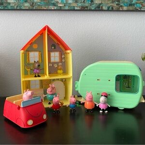 Peppa pig set of movable figurines, car, house and camper toys